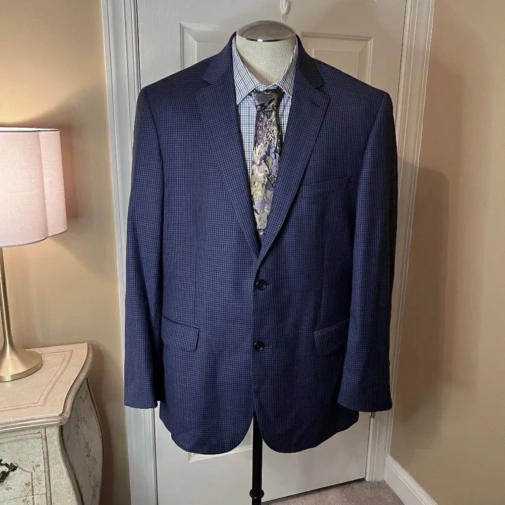 EUC Men's Jos. A. Bank Navy Gingham Check Sport Coat Blazer Jacket‎ 44L 44 Long